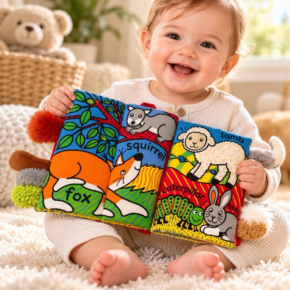 Jellycat Fluffy Tails Soft Sensory Plush Baby Book Crinkle Animal Anne Wilkinson